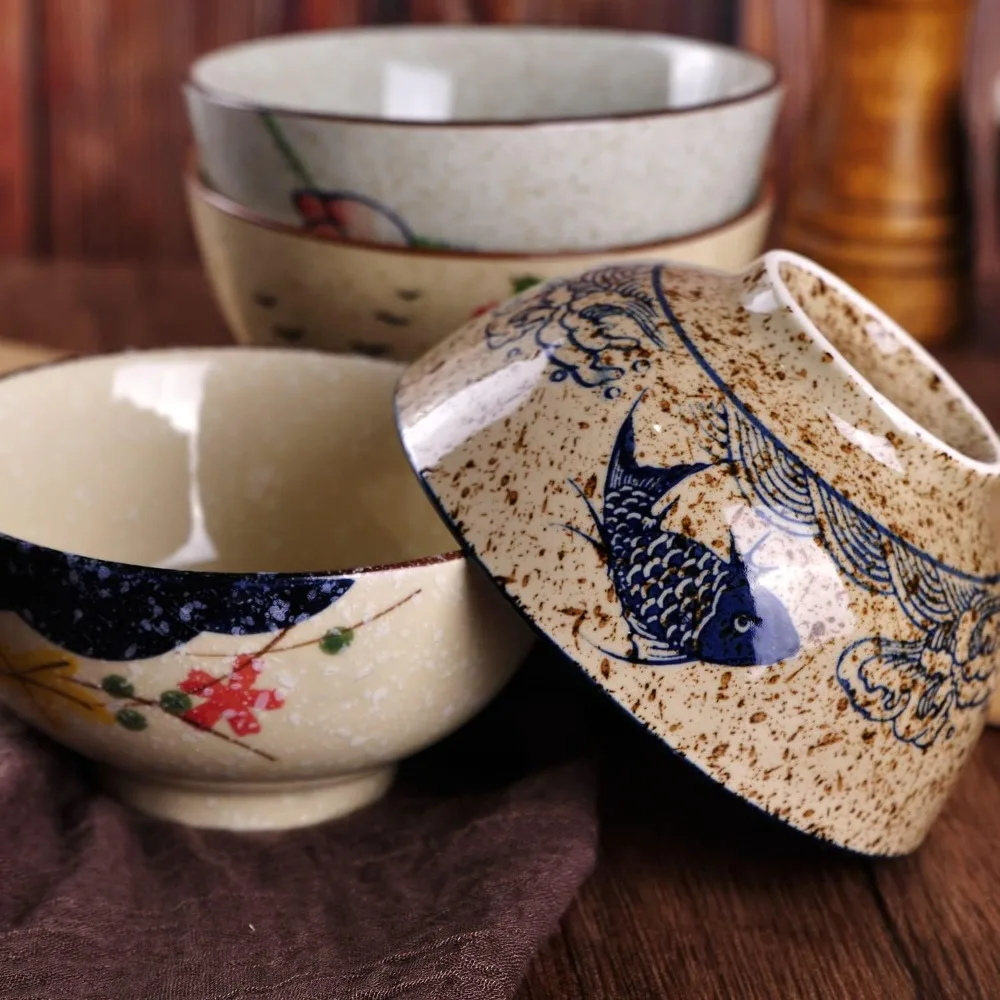 1 tazón retro chino japonés de 4.5 pulgadas, tazón de cerámica creativo pintado a mano con motivos florales para cereales, sopa o arroz, apto para microondas y lavavajillas.