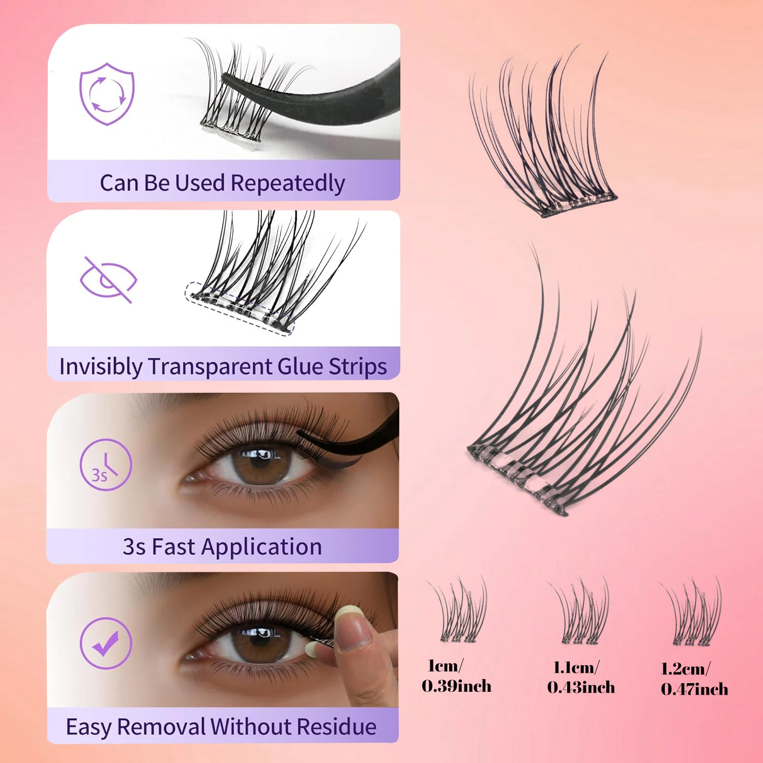 Self-Adhesive Eyelashes, DIY Lash Cluster Eyelash Extension Kit 10-12mm, 60 Pieces Fluffy D Curl Soft Natural Eyelashes with Tweezers Wispy Individual Clusters Natural Look Suitable for Beginners