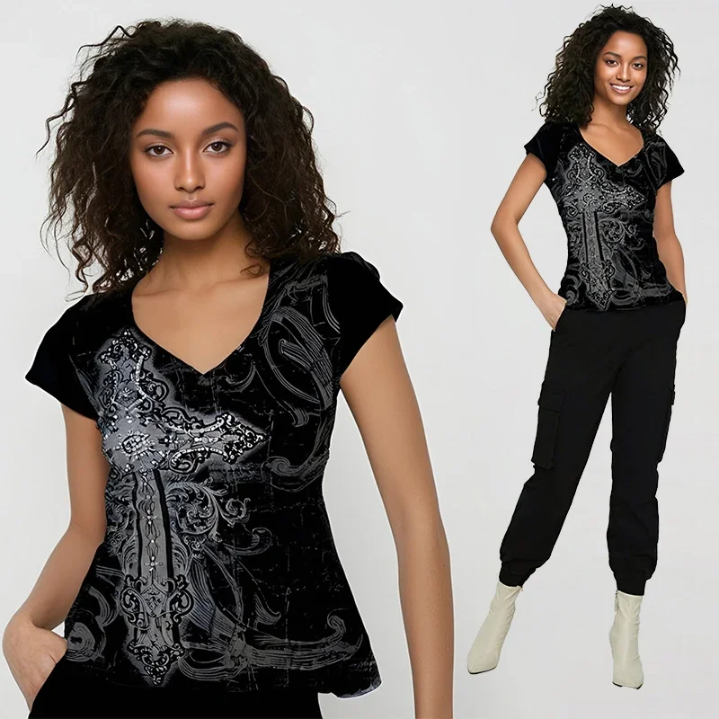 

American Vintage Black Cross Printed T-shirt Harajuku Gothic Punk V-neck Short-sleeved Top Grunge Japanese New Fashion Tees