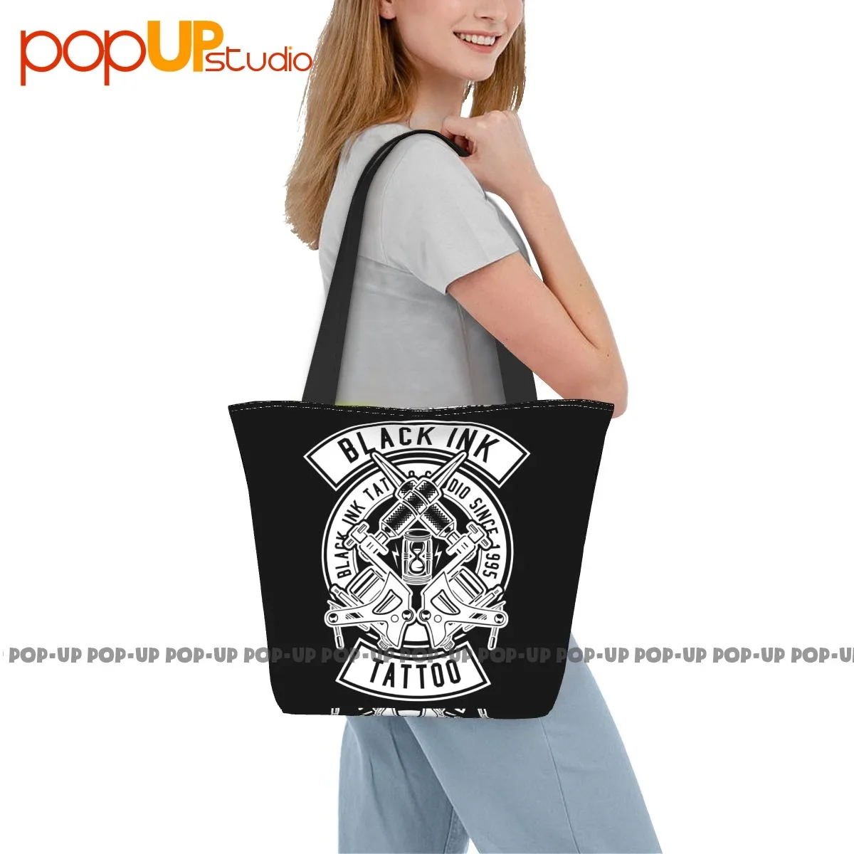 Bolso de mano con tinta negra para estudio de tatuaje, bolsa de compras, monederos