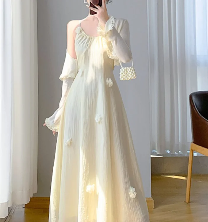 

French Dress Woman 2025 Sweet Floral Camisole Dress Set Long Sleeve Sunscreen Cover Flower V-Neck Urban High Waiste A-Line Dress
