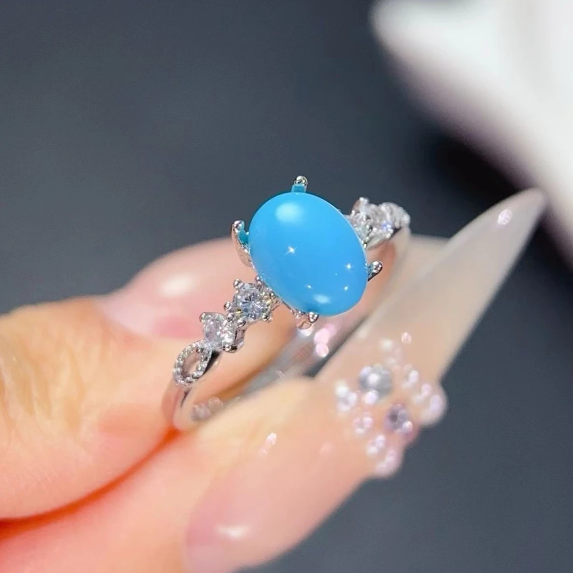 Simple Design 925 Silver Ring Reconstituted Turquoise Ring 6mm*8mm Natural Turquoise Powder Forming Gemstone Ring