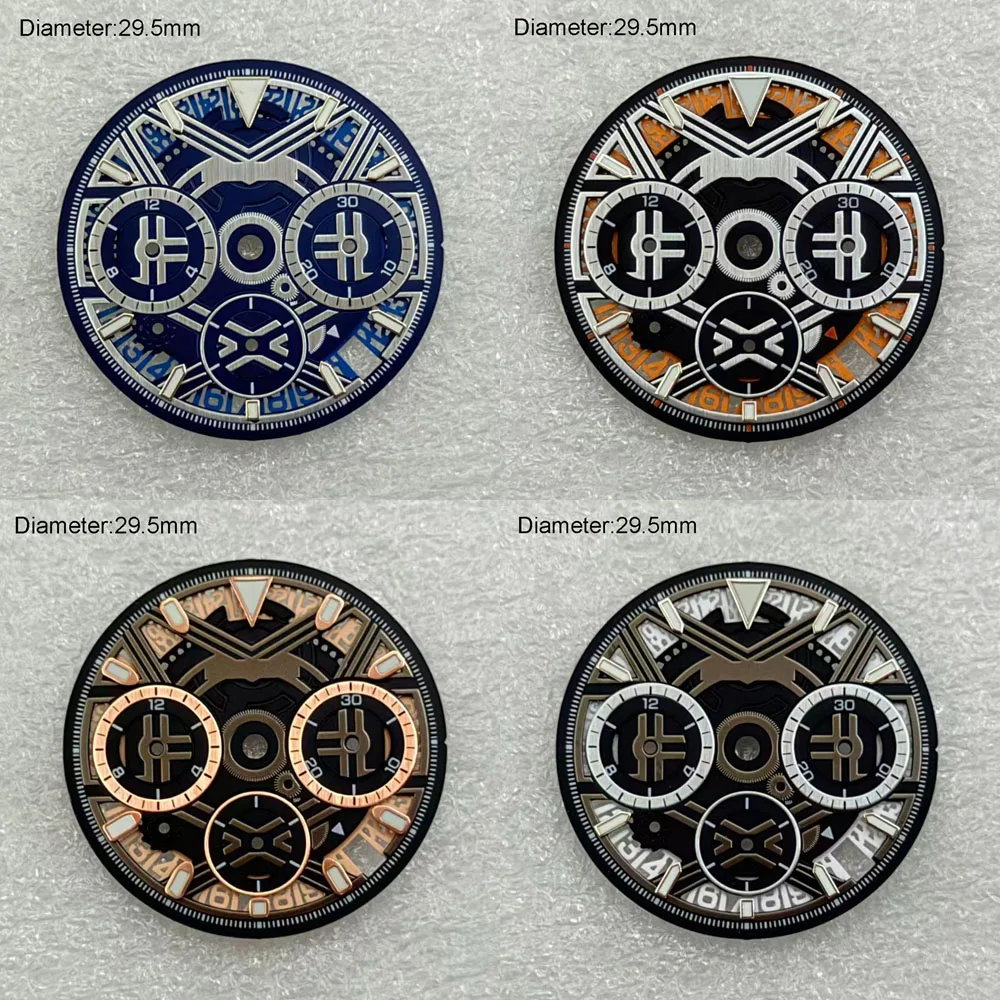 NO LOGO 29.5mm VK63 Dial Blue Black Rose Gold Cyberpunk Skeleton Dial For VK63 Quartz Movement Industrial Geometric VK63 Dial