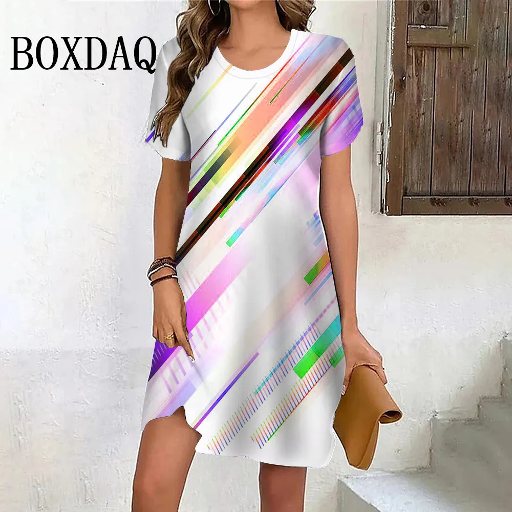 Oblique Stripe Abstract Gradient Dress Casual Fashion Women Pullover Short Sleeve Mini Dress Summer 3D Print Loose A-Line Dress