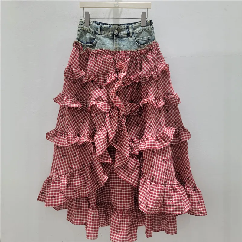 

2026 Summer New Arrival: Patchwork Ruffle Hem Long Plaid Denim Midi Skirt - European and American Style Women's Trendy Fashion