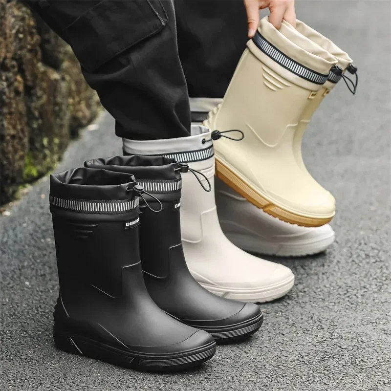 Windproof Rain Boots Men Leather Mid-calf Rainboots Fashion Black Elastic Band Rain Shoes Men Waterproof Work Boots