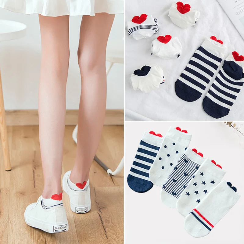 Chaussettes courtes décontractées en coton imprimé cœur pour femmes, chaussettes de rinçage, dessin animé drôle, mignon, coupe basse, bateau, mode estivale, nouveau, 5 paires