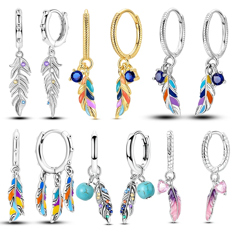 Pendientes de plata de ley 925, pendientes bohemios de aros de plumas coloridas con circón para mujer, regalos de joyería de moda para fiesta de boda