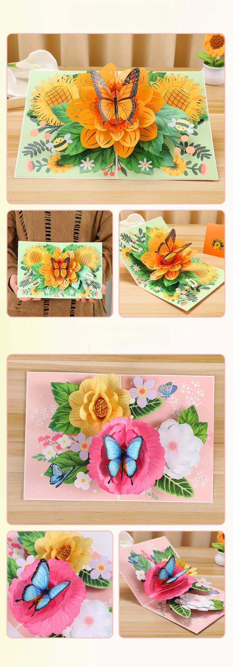 1 Stück 3D Schmetterling Pop-Up Grußkarte mit Gänseblümchen-Blumenornament für Valentinstag Geburtstag Glückwünsche Beste Wünsche Einladungen – Detail 12