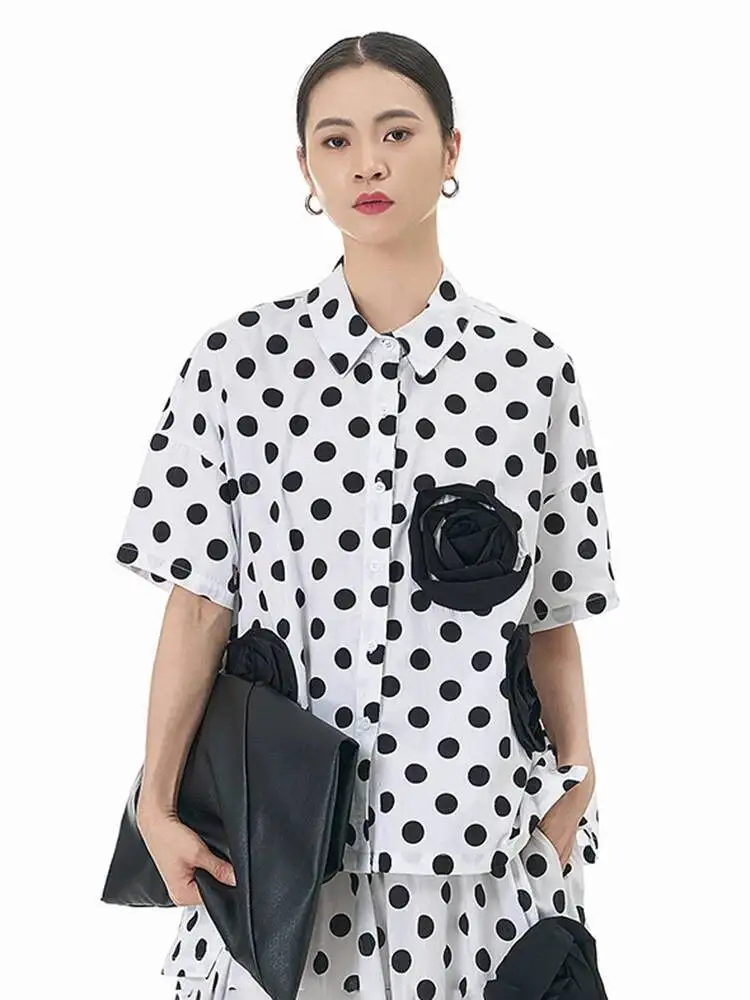 Mulheres preto listrado flor 3d tamanho grande blusa casual nova lapela camisa de manga curta moda maré primavera verão