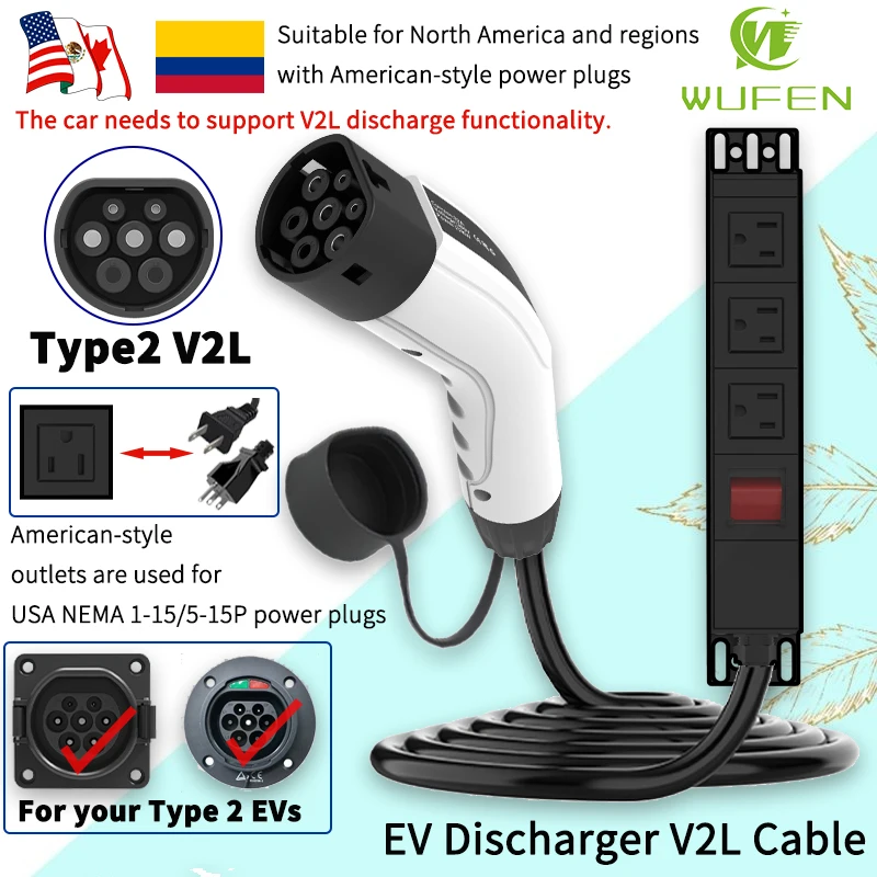WUFEN Portable Type 2 V2L Cable 16A with Power Switch for Chinese EV Car Vehicle to Load Discharger for Camping Outdoor Use