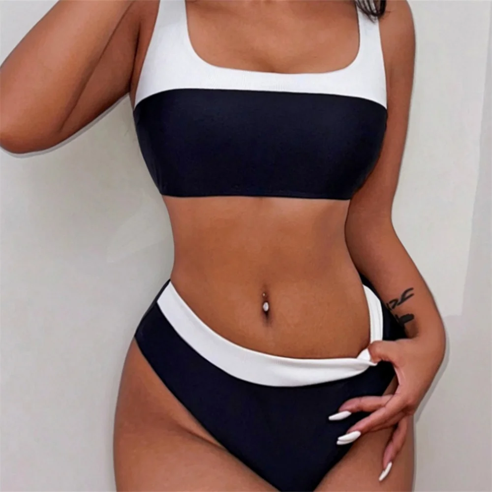 Sexy schwarzer Bikini weiß Y2K Patchwork Kordelzug rückenfrei Tankini Badeanzug Push Up Urlaub Bademode Frauen Strand Schwimmen Outfit