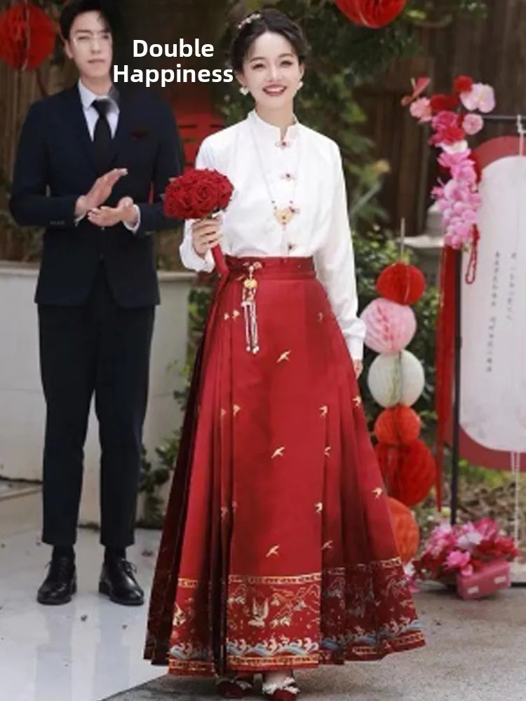 

Red Hanfu Wedding Dr Women's Spring New Chinese Sle High Waist Qipao Long Sve Evening Gown