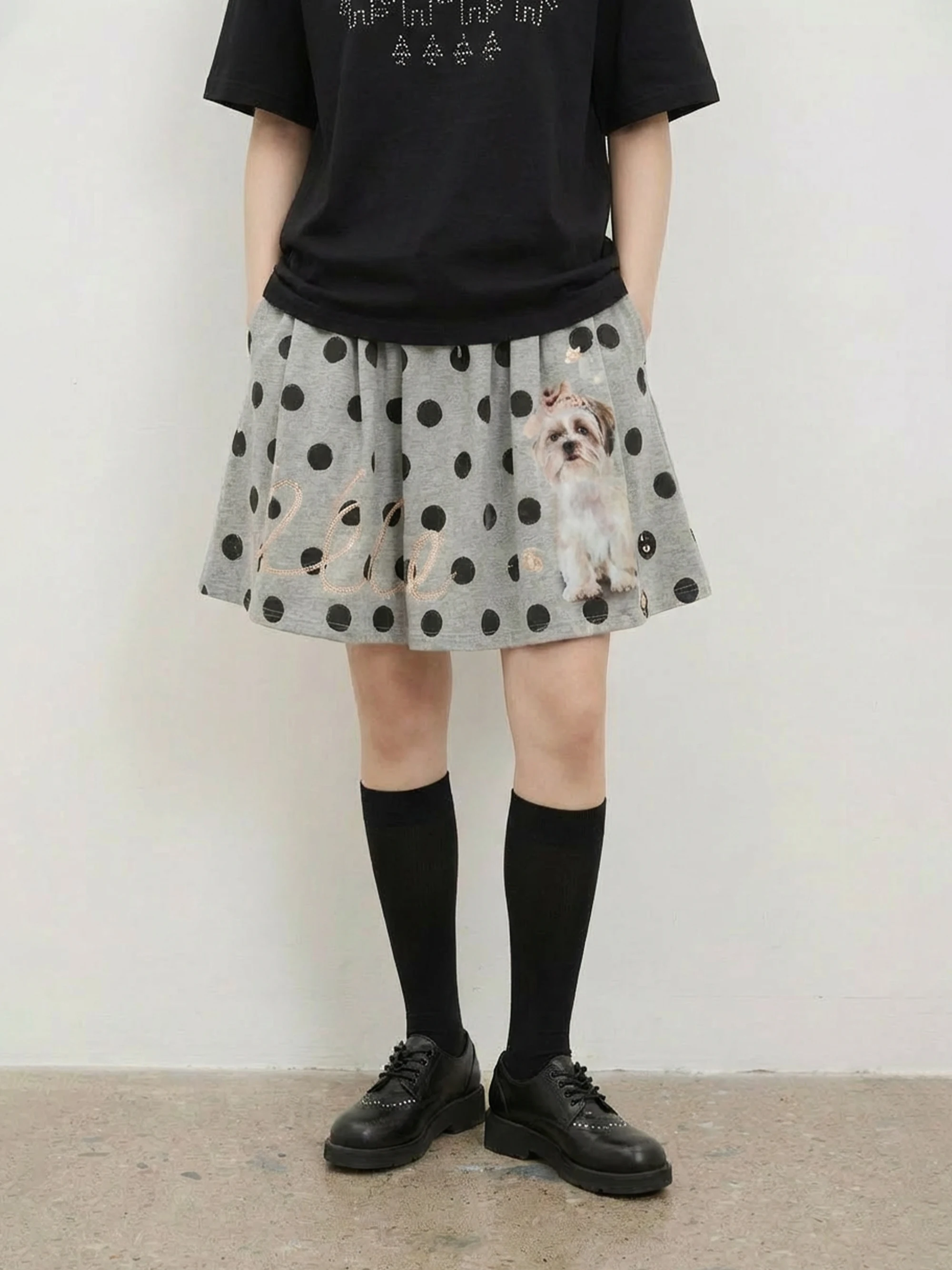 Poodle Puppy Print A-Line  Skirt with Bow Design Summer Cotton Polka Dot Half-length Skirts for Women Girls Standard Fit