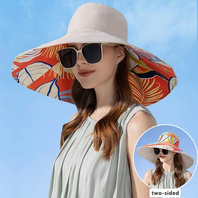 18cm Large Brim Women Sun Hat Luxury Double Sided Wearable Plant Printing Cotton Bucket Cap Light Breathable Summer Top Hat