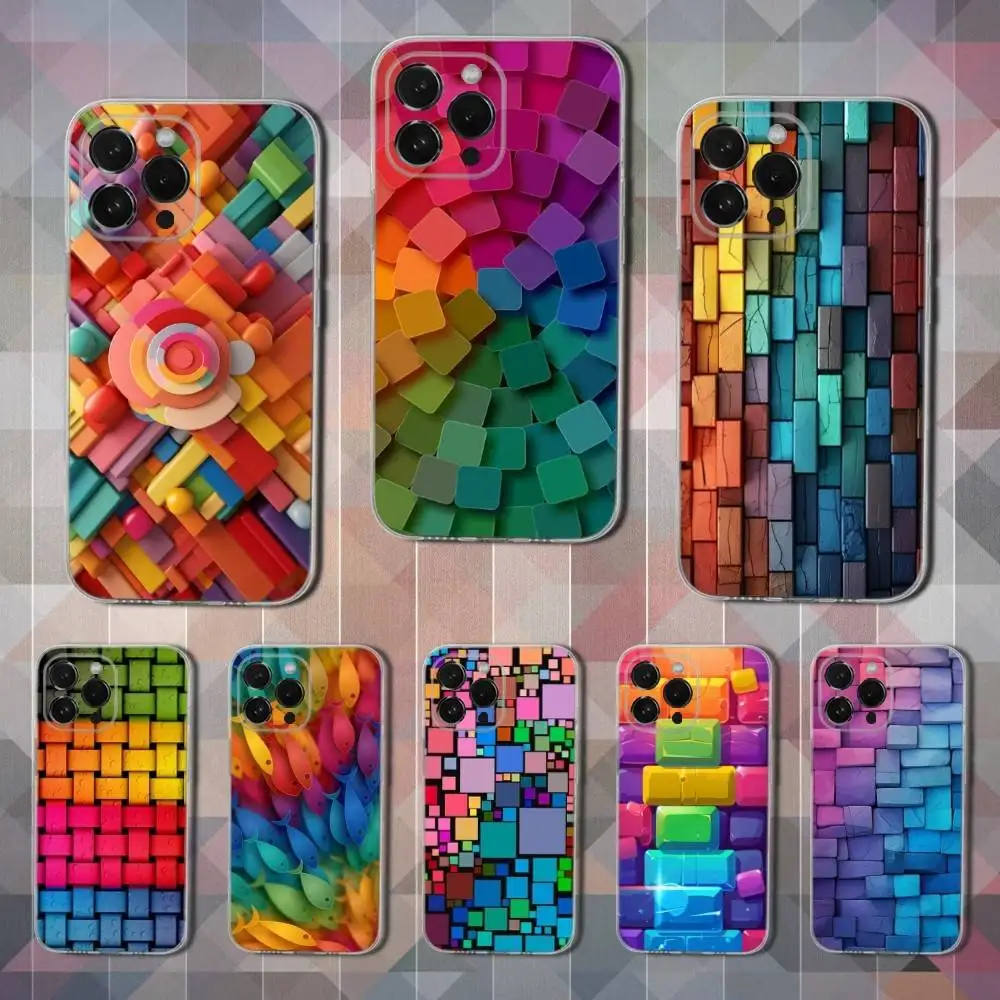 

3D Art Colorful Block Phone Case For iPhone 16,15,14,13,12,11 Pro,Max,Plus,X,XS,XR,SE,Mini Transparent Soft Cover