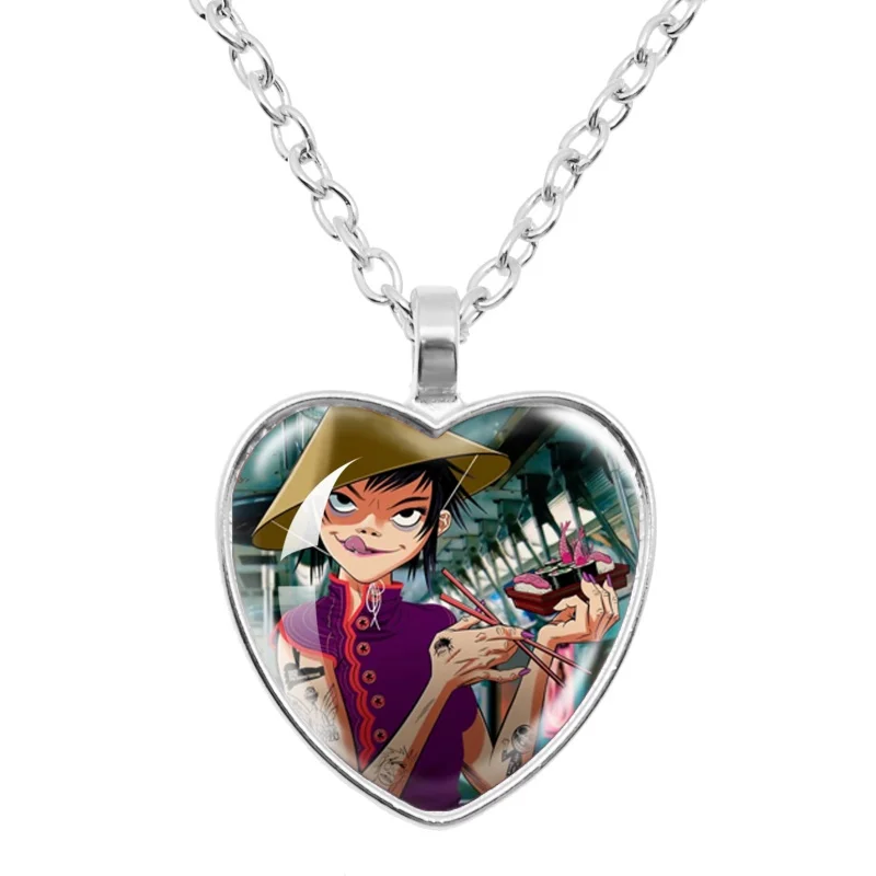 Hot Sales Virtual Bands Gorillaz 2D Noodle Music Themed 25mm Heart Necklace Glass Pendant Necklace For Fan of a Singer Gift