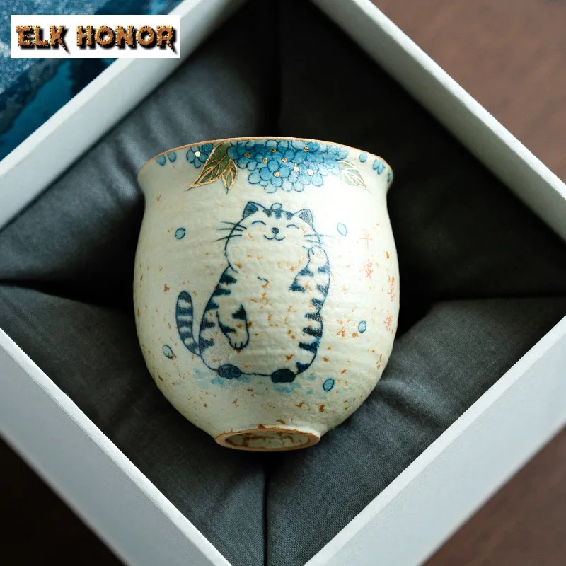 

90ML Pure Hand Drawn Cat Flint Red Teacup Vintage Tea Bowl Tea Pair Tea-tasting Meditation Cup Jianzhan Master Cups Teaware Gift