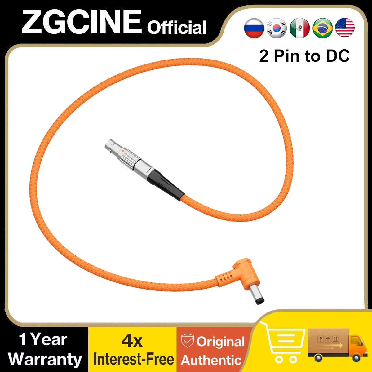 ZGCINE Straight 2-Pin to DC Power Cable 5.5x2.5mm 100W 5A Max 60cm Nylon Braided for Teradek Bolt Atomos SmallHD Monitors