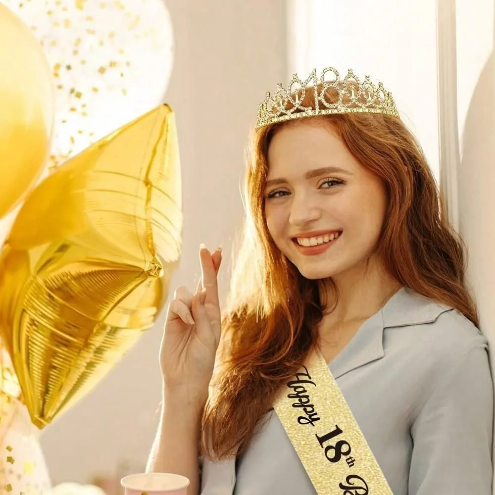 2Pcs 18th Birthday Tiara & Sash Set for Girls, 3 Colors Rhinestone Crown and Glitter Sash, Pefect for Birthday Party Gift