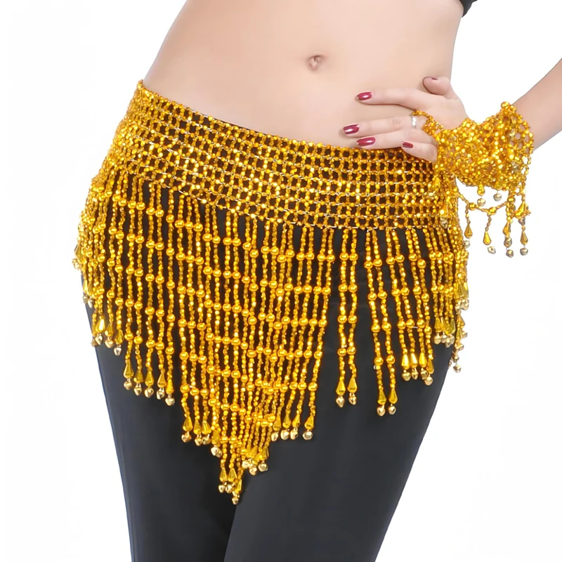 Campana redonda con cuentas doradas y plateadas, cinturones elásticos para danza del vientre Oriental, bufanda de cadera con campana para mujer, accesorios de cadena de cintura para danza india