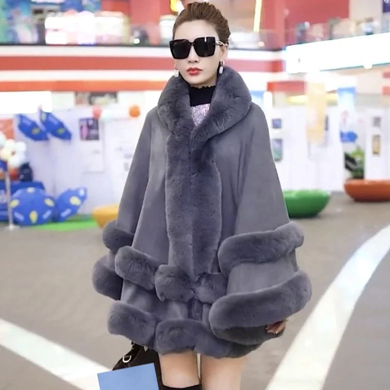 Double Layer Luxury Imitated Rex Rabbit Fur Cape Coat Hooded Shawl Winter Women Knit Poncho Overcoat Faux Fur Wraps Big B454