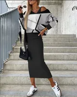 Commuting Set Batwing Sleeve Women Dress 2 Piece Set Print Tops Blouse Slim Outfits Women Autumn Casual Lady Two Piece Suits
