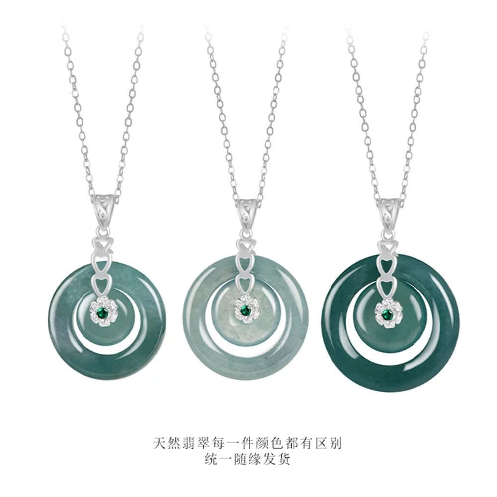 925 Silver Natural Ice Green Jadeite Double Round Harmony Lucky Pendant Amulet Necklace Certificate Luxury Jade Trendy Jewelry