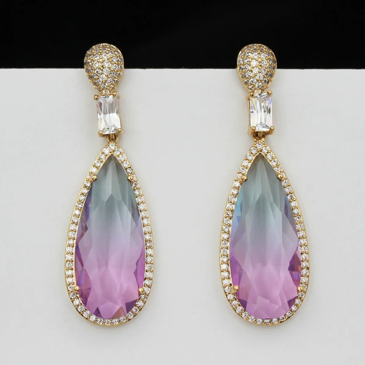 Cute Pink Purple Gradient Water Drop Earrings for Women Bling Bling Evening Party Jewelry Sister Gift