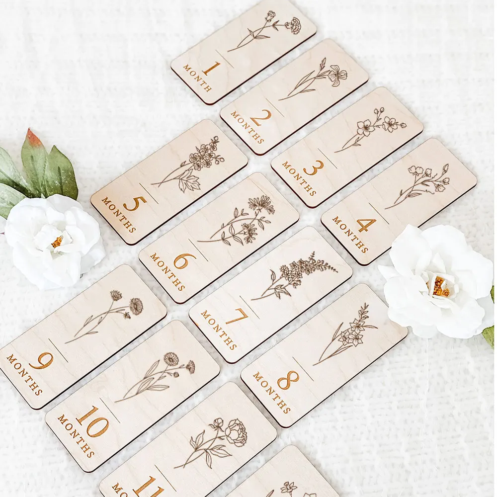 Wildflower Baby Monthly Milestone Signs, Personalized Monthly Milestone Cards, Baby Name Growth Memorial Wooden Signs