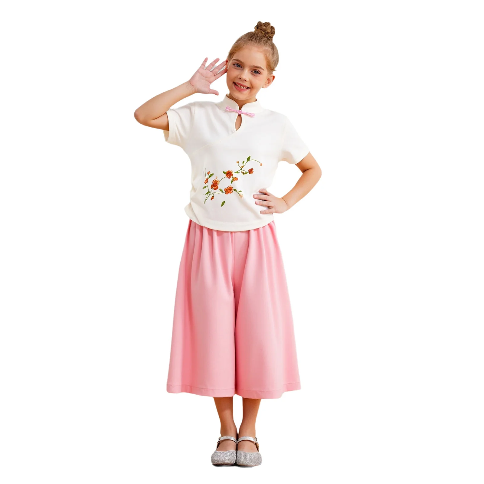 

Girls 2-Piece Chinese Style Outfit Short Sleeve Mandarin Collar Knot Button Flower/Bamboo Printed Top+Pants for Birthday Party