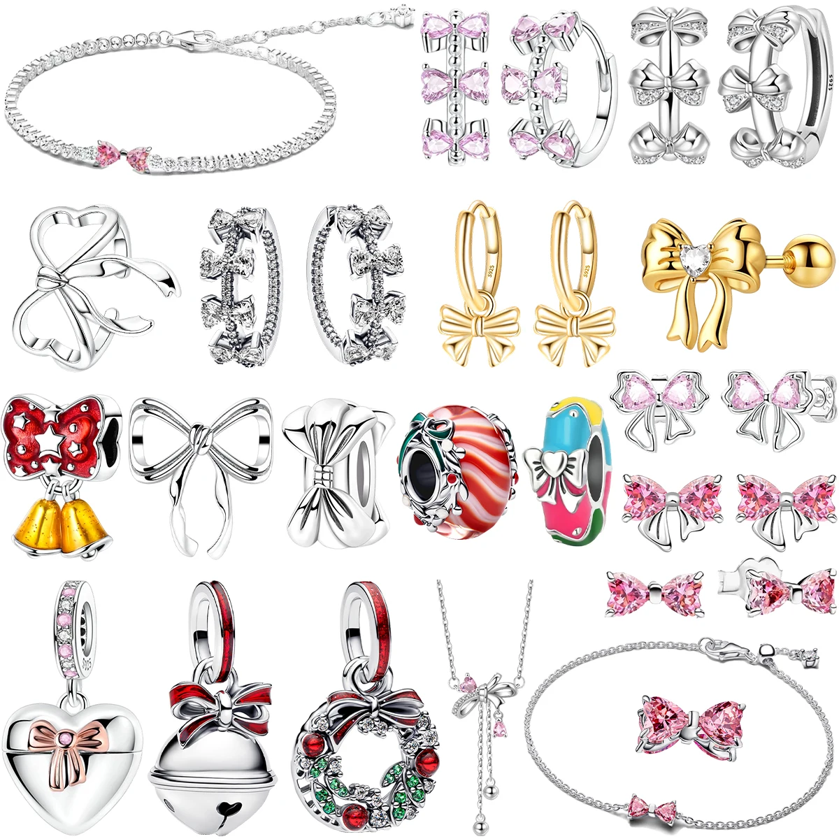 

Прекрасные серьги-подвески из стерлингового серебра 925 пробы с розовым бантом, кольца, рождественский колокольчик, кулон, подходит для оригинального браслета, ожерелья, ювелирные изделия своими руками, подарок