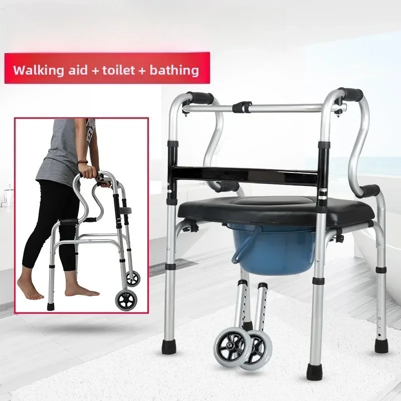 Exquisite Multi-functional Solid Elderly Walker Aluminum Alloy Walking Aid With Potty With Wheel With Seat Foldable