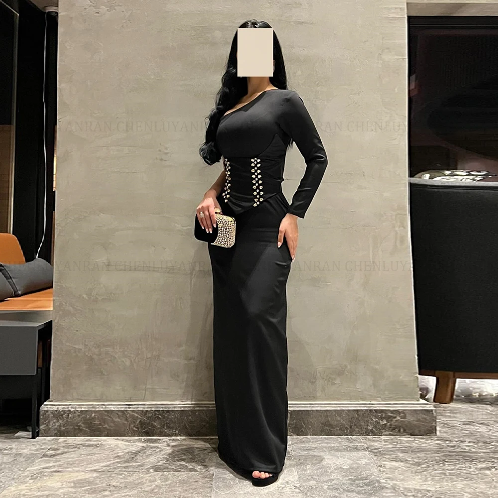 MOLISA Schwarzes modernes Party-Abendkleid 2025, neues maßgeschneidertes Etuikleid mit einer Schulter, langes formelles Anlasskleid mit Perlenstickerei