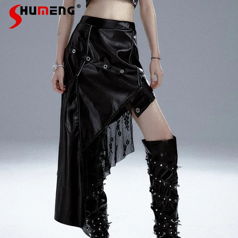 

New Original Dark Black Punk Style Rock Locomotive Asymmetrical Leather Metal Skirt American Retro High-waisted Slimming Skirts