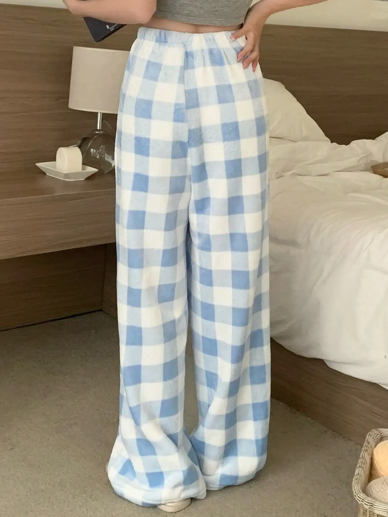 DAZY Plaid Pattern Fleece Straight Leg Loungewear Cozy Pants Fall,Winter Fluffy