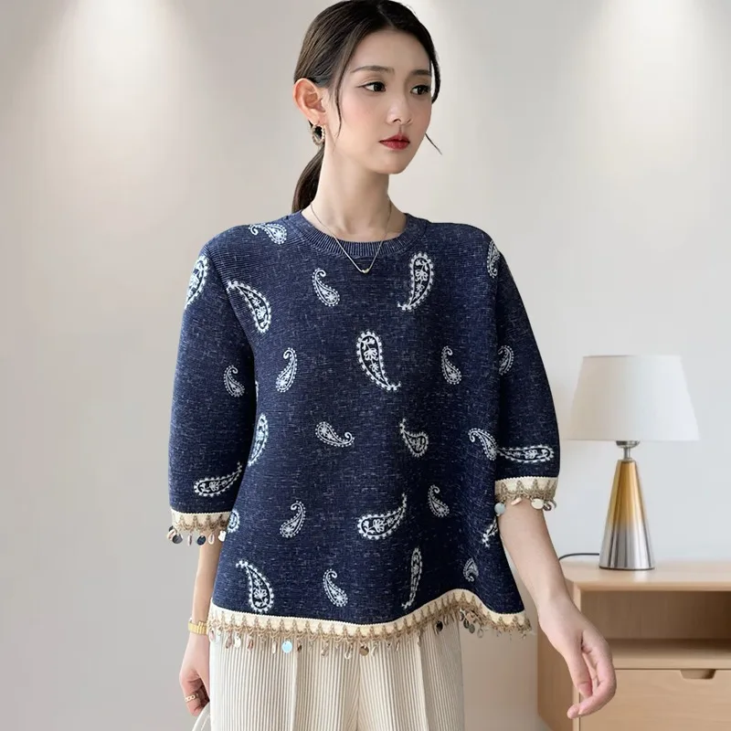 

Плиссированный женский топ с длинными рукавами и принтом Miyake, осенняя новая темпераментная футболка с круглым вырезом, свободный универсальный пуловер, корейская одежда