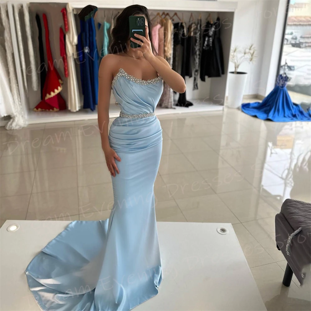 

Charming Blue Mermaid Beautiful Women's Evening Dresses Sexy Sleeveless Strapless Prom Gowns Beaded Pleated فساتين سعيد شارون