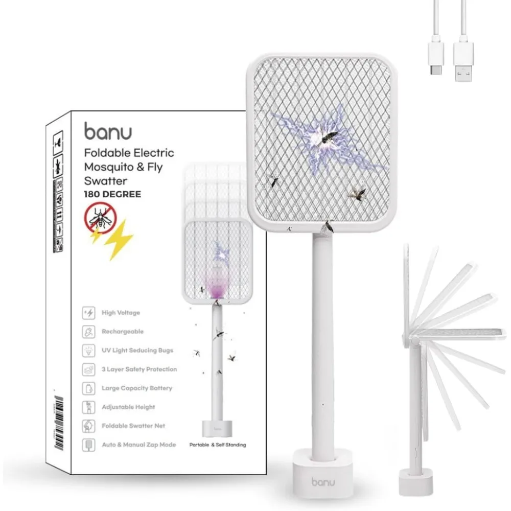 

Electric Fly Swatter with Folding Handle 2in1 Mosquito Killer Lamp Rechargeable Battery Safety Mesh Indoor Outdoor