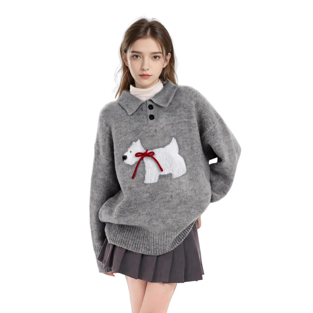 

Новинка 2025 года, серый пуловер с воротником-поло и бантом для щенков, свитер для женщин, осенне-зимний толстый вязаный топ