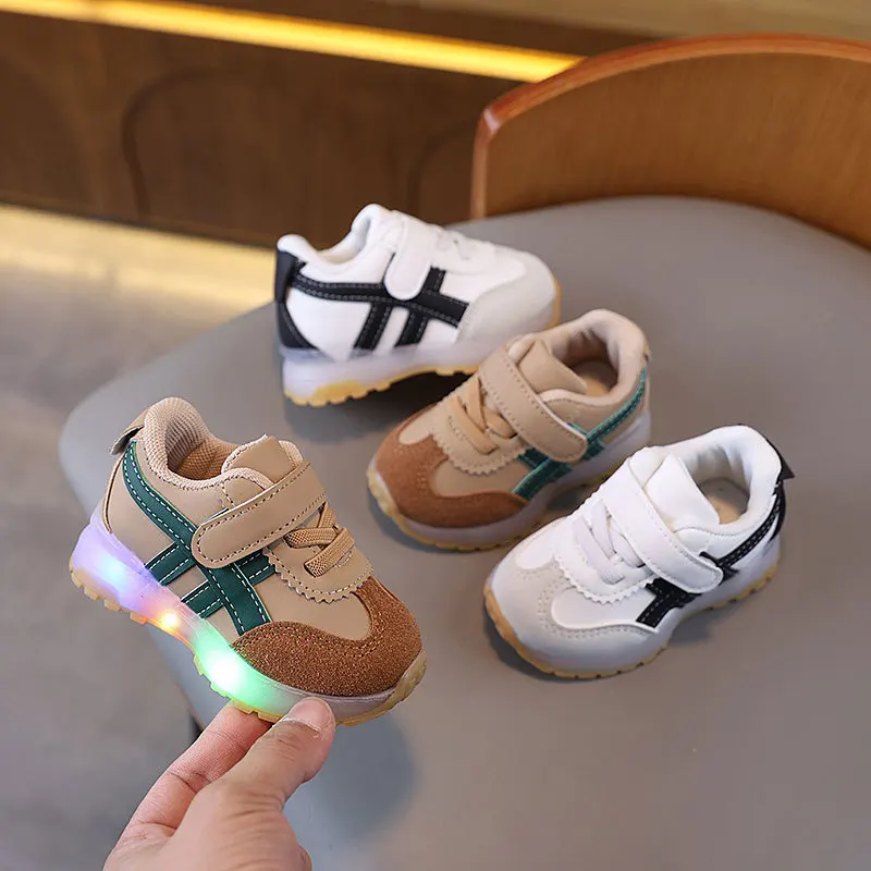 Kids'Casual Shoes Toddler Led Light Autumn Flat Shoes For Baby Anti-slip Breathable Soft Bottom White Khaki Size 16-25