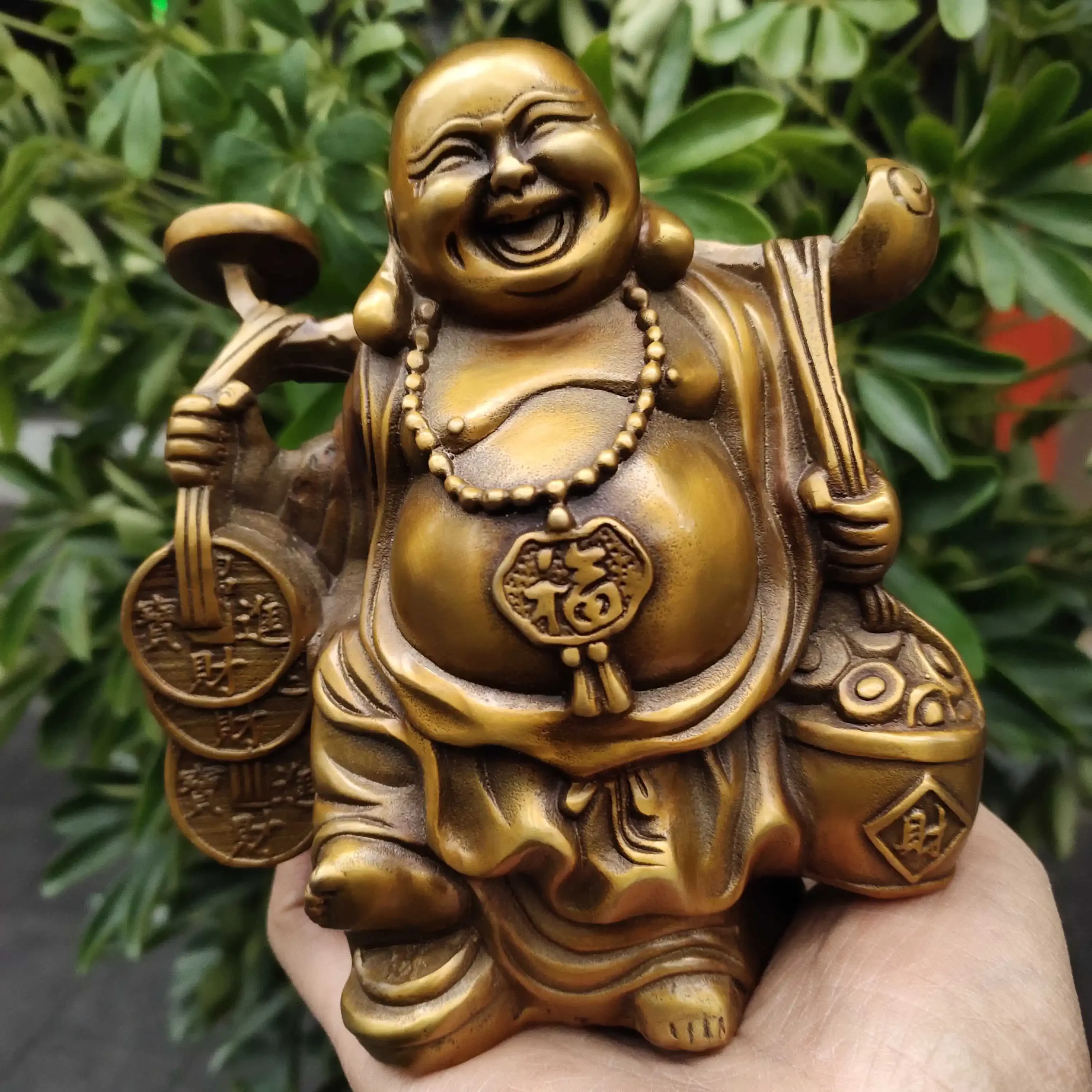 Antique bronze collection, Ruyi Maitreya Buddha, pick money, pick ingots, home office store opening, gift craft ornaments