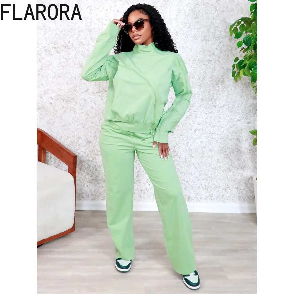 

FLARORA Fall Casual Sporty 2 Piece Sets Woman Zipper Patchwork Design O Neck Long Sleeve Jackets And Wide Leg Pants Tracksuits