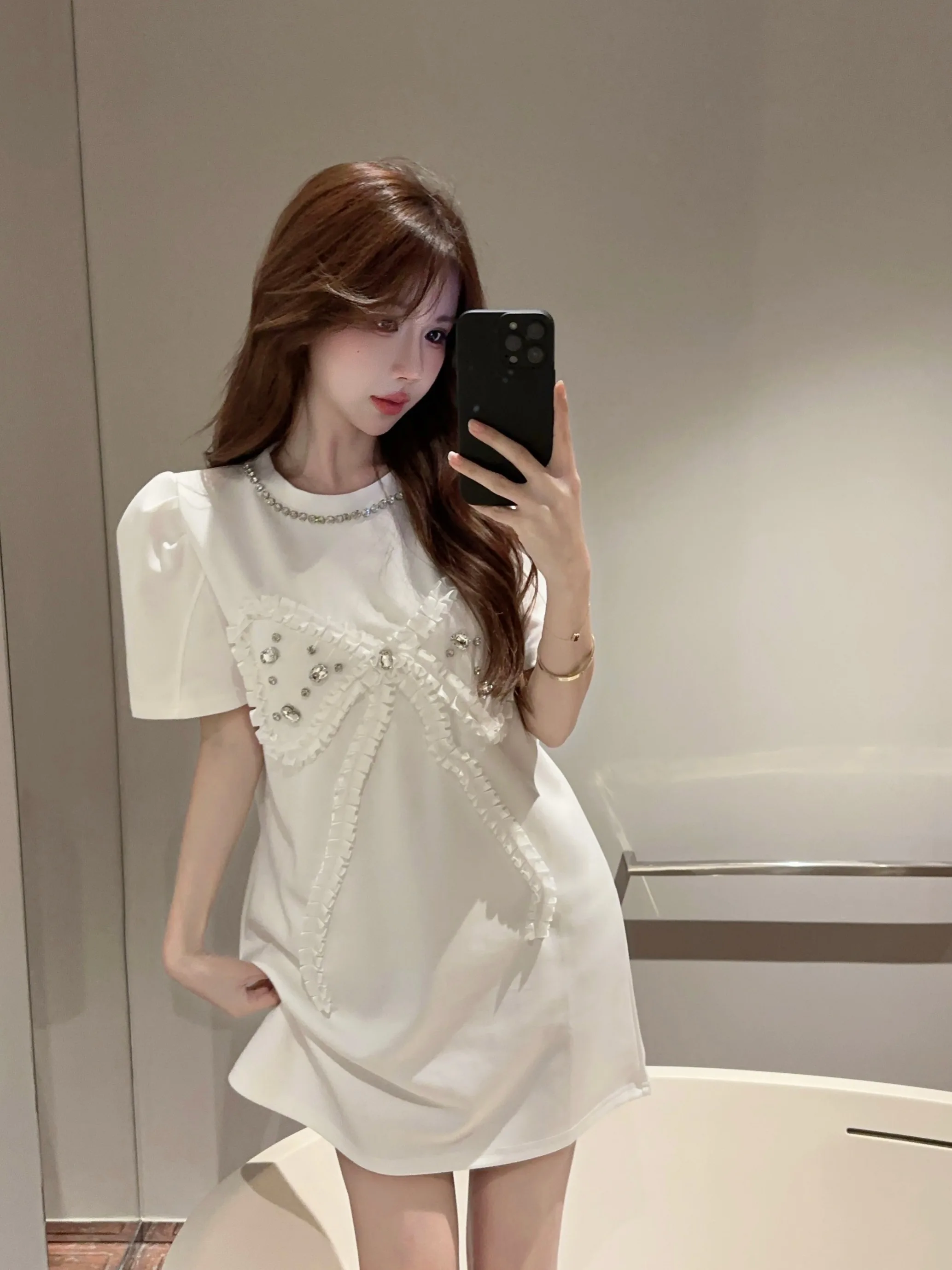 Mode nagel kraal helder diamant ontwerp korte mouw jurken zomer Franse zoete leeftijd verminderen westerse stijl casual T-shirt jurk