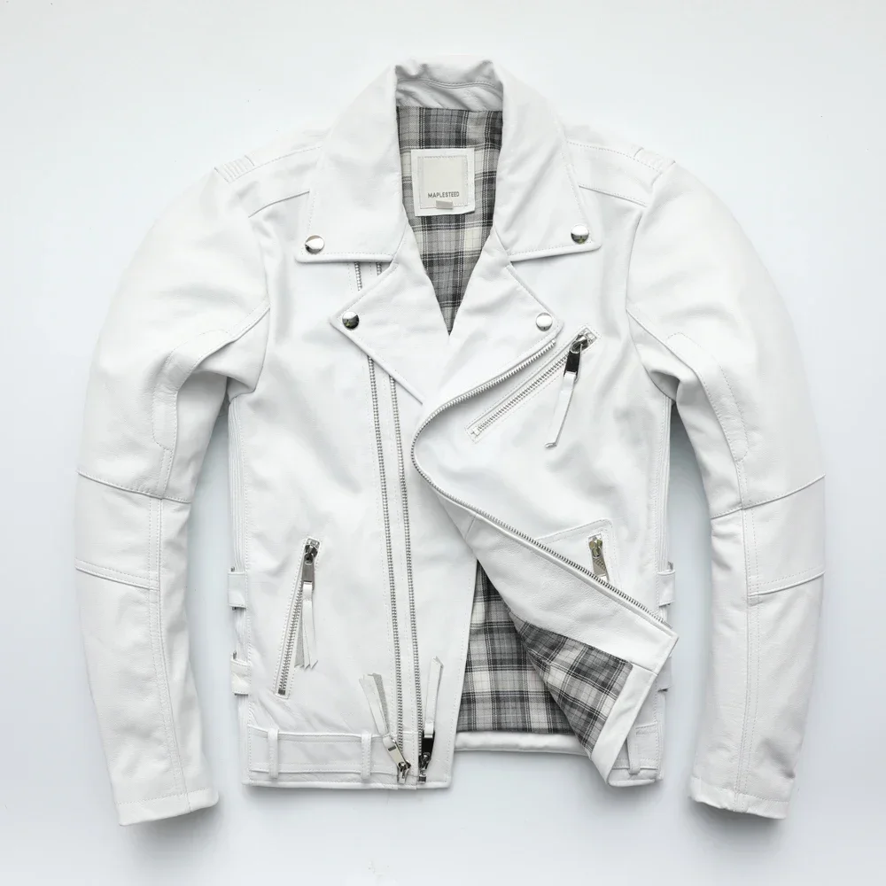 White Army Green Wine Red Motorcycle Jacket Men Leather Jacket 100% Cowhide Moto Biker Jacket Man Leather Coat Winter Warm M455