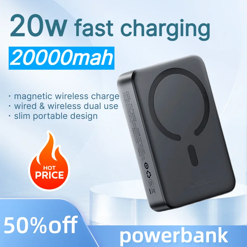 PowerBank 20000mAh Magnetic Wireless Power Bank 20W Fast Charging Slim External Battery for IPhone Samsung Xiaomi