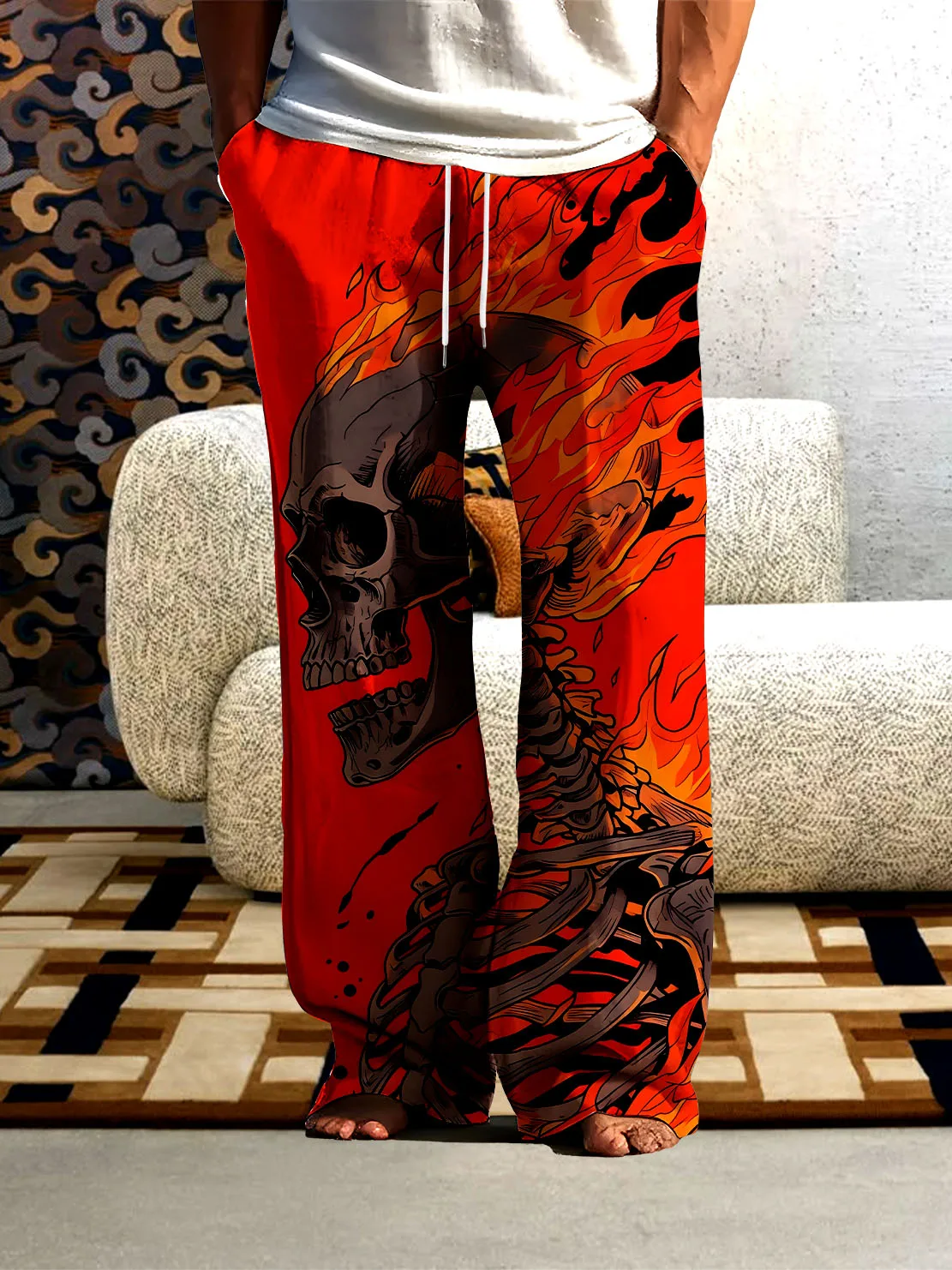 

3D digital printing men's pants, bath fire Skull Pattern home casual pants comfortable loose thin fast drying fadeless man pants