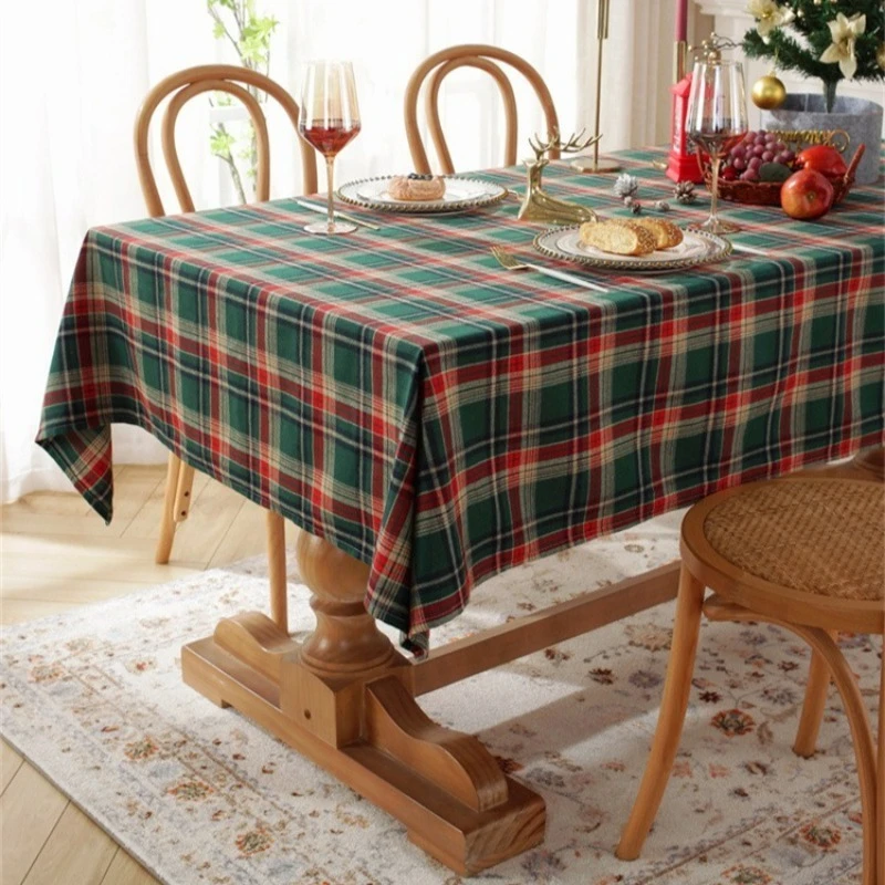 1pc Vintage Christmas Plaid Tablecloth, Rectangular with Tassels, for Dining/Tea Table, Holiday Party Decor