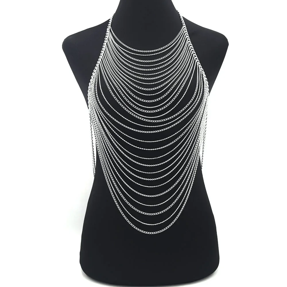 Glamorous Golden Multi Chain Drape Halter Body Harness Exquisite Layered Chest Chain Statement Jewelry For Beach Summer Outfit