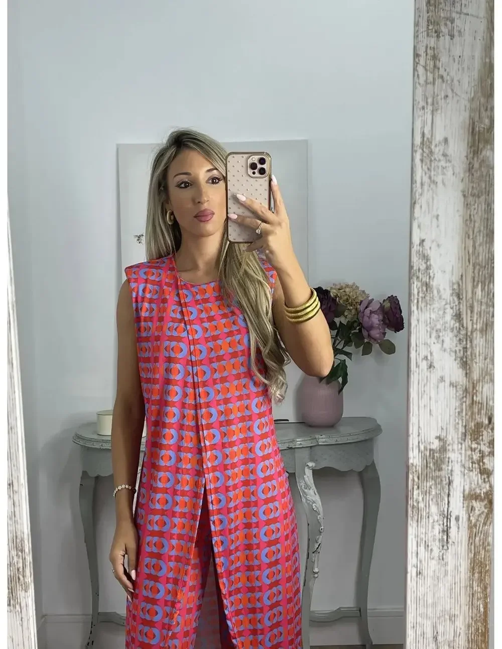 

Abstract Printed Comfy Suit Women Bohemian Print 2 Piece Set Summer Suits O Neck Sleeveless Loose Extended Tank Matching Sets